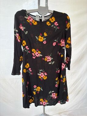 Old Navy Black Floral Long Sleeve Shift Dress with Pink & Yellow Flowers